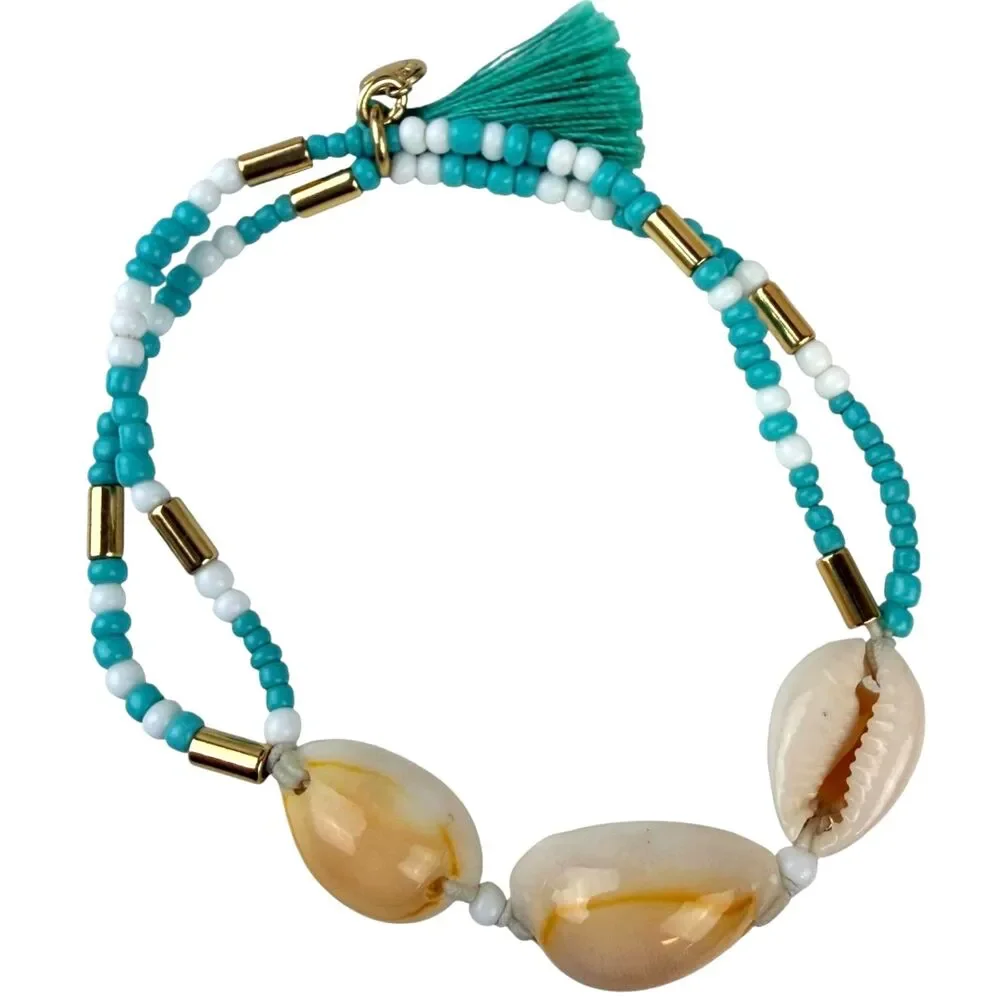J.Crew 3-In-1 Strand Cowrie Shell Turquoise White Bead Tassel Bracelet Gold